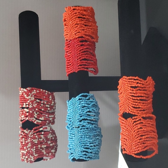 Pair Beaded Stretchy Bracelets L👀K Not Worn Red/White Turquoise Orange/Red 👀 - Picture 1 of 8